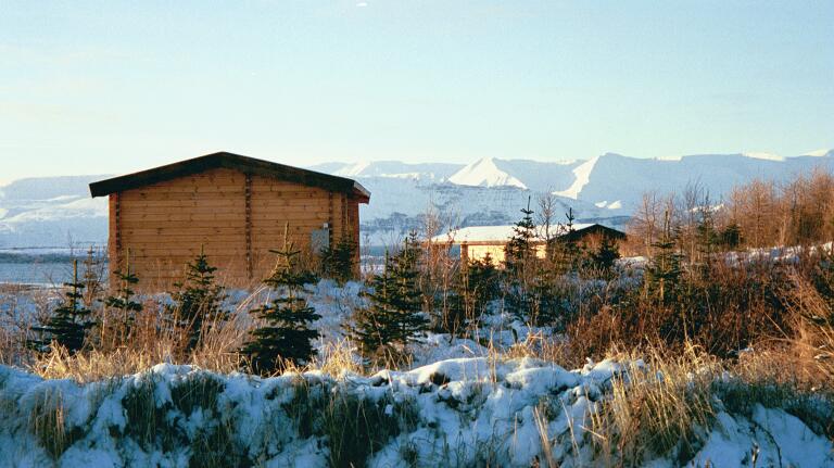 Winter The cabins in Husavik North Iceland